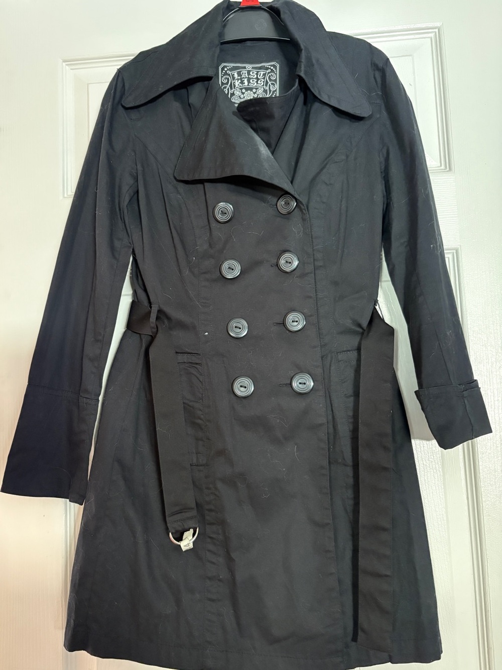 last kiss Black Double-Breasted Trench Coat with Belt